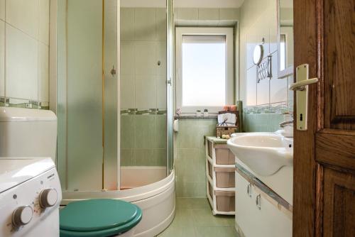 a bathroom with a sink and a shower and a toilet at Apartmani Plavi val in Vodnjan