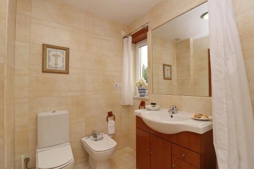 サン・マルティーニョ・ド・ポルトにあるApartamento Vista Premium Sto Antónioのバスルーム(洗面台、トイレ、鏡付)