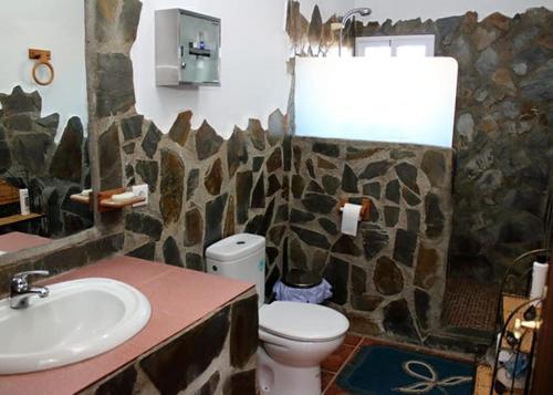 a bathroom with a toilet and a sink with a rock wall at Casa Rural Hinojosa Del Duque in Hinojosa del Duque