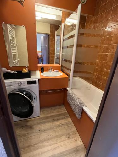 a bathroom with a washing machine and a sink at Très joli studio au calme et bien situé in Orcières