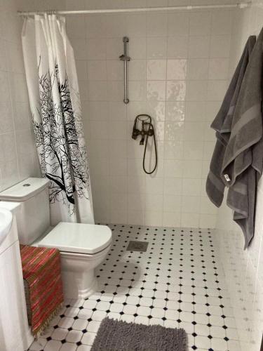 een badkamer met een wit toilet en een douche bij Saue 10 in Haapsalu