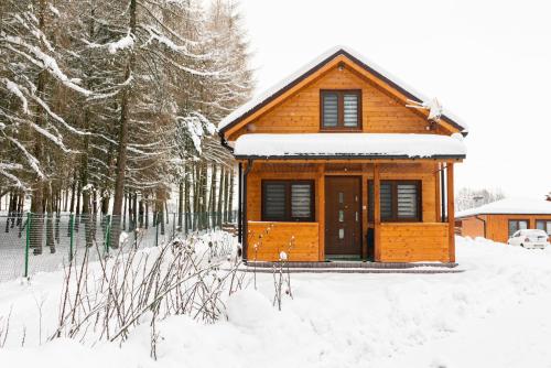 a small wooden cabin in the snow with trees at Zagroda Nad Kotelnią in Pawłowa