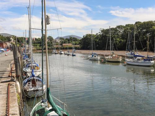 a bunch of boats are docked in a river at Moel Tryfan in Caernarfon