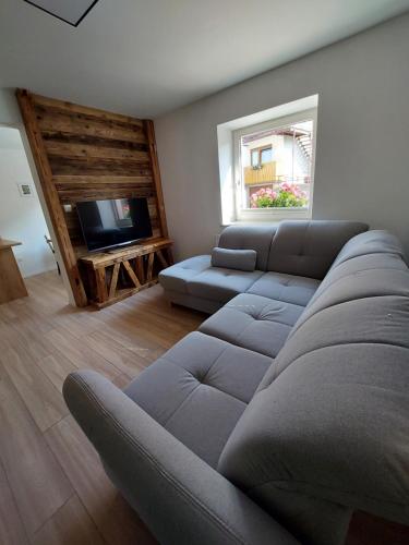 ein Wohnzimmer mit einem Sofa und einem TV in der Unterkunft Apartma Mango in Bled