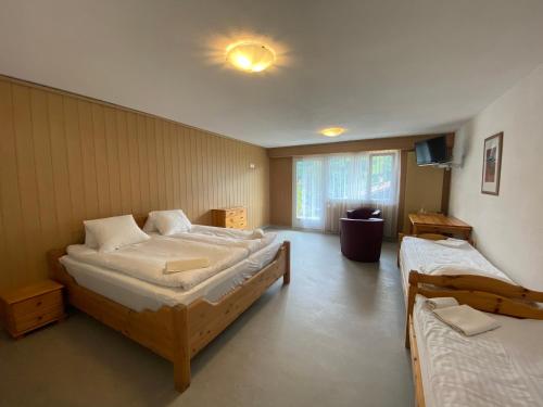 a bedroom with two beds and a television in it at SKY Rooms, Mountainous View in Saas