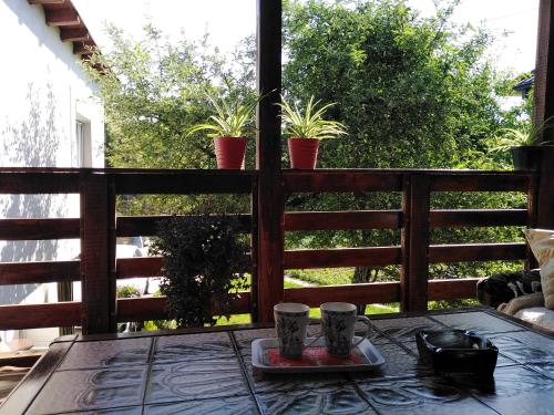 a table with two coffee cups on a patio at Apartmani Odmor i Mir in Vranje