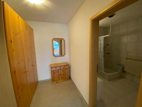 een badkamer met een douche, een wastafel en een spiegel bij SKY Rooms, Mountainous View in Saas