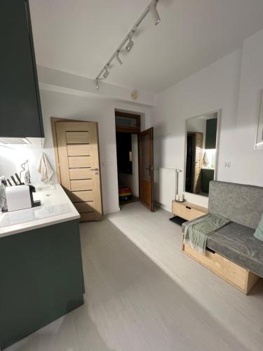 a living room with a bed and a sink at Apartamenty w Brzeźnie in Gdańsk