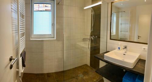 a bathroom with a sink and a shower at Appartement Grossegger in Ramsau am Dachstein