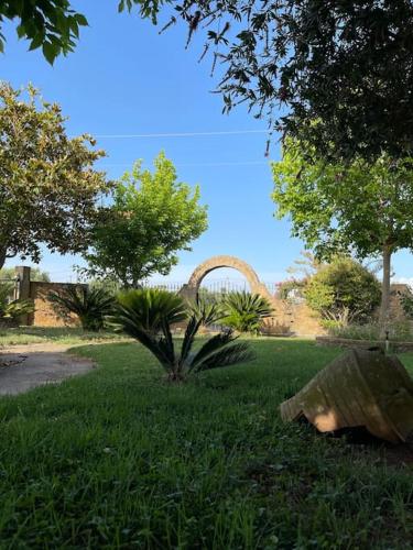 a person laying on the grass in a park at Mama’s Sunshine Garden Villa in Áyios Ilías