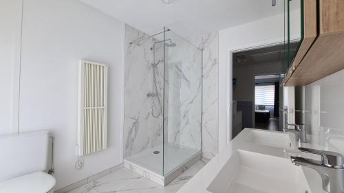 bagno bianco con doccia e servizi igienici di Binnengewoon3600 a Genk