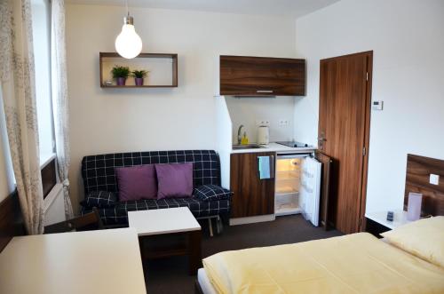 a small room with a couch and a kitchen at Apartmány - Kouty nad Desnou in Loučná nad Desnou