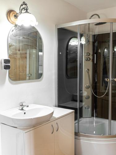 a bathroom with a sink and a shower at Wzgórze Artystów in Głuszyca
