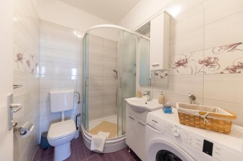 a bathroom with a shower and a toilet and a sink at Beachfront Apartment Roko in Petrcane