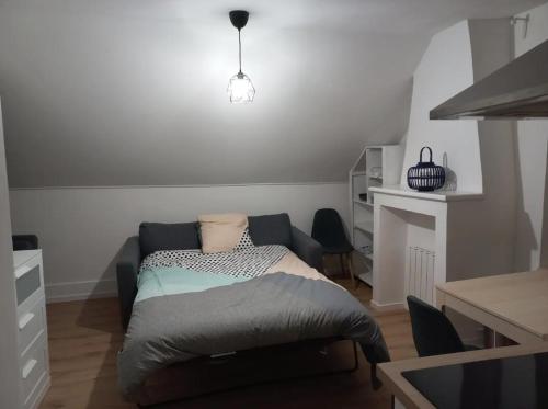 a bedroom with a bed and a couch in it at Le Montjoux, appartement calme, toutes commodités in Besançon