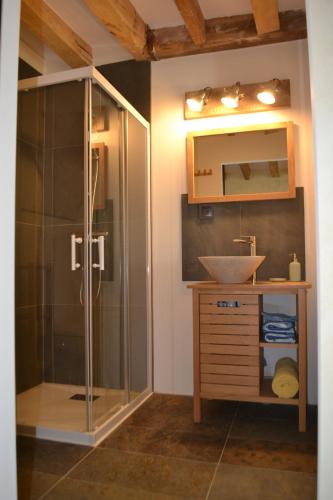 a bathroom with a glass shower and a sink at Escale à Villeperdue chambre Hellulaug in La Barillonnerie