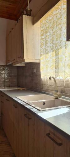 a kitchen with a sink and a window at VILLA PORTIANOU in Pedhinón