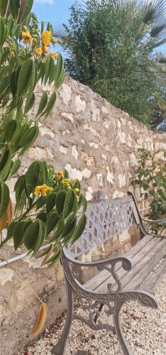 a bench with a potted plant sitting next to a wall at Alegria apartments in Gaios