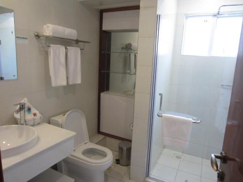 a bathroom with a shower and a toilet and a sink at The Zehneria By Sarovar Portico India in Nairobi