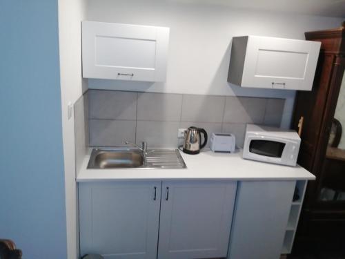 a small kitchen with a sink and a microwave at Gatekeepers Cottage Tiny House, Taizé, Deux-Sevres, Velo Francette in Taizé