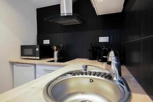 cocina con fregadero y microondas en La Forêt, T2 hypercentre chic et cosy, Wifi par SOVALFI, en Saint-Étienne