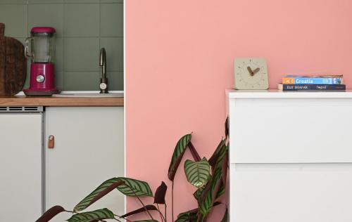 una cocina con paredes rosas y una barra con licuadora en Dream Apartment Milna, en Milna