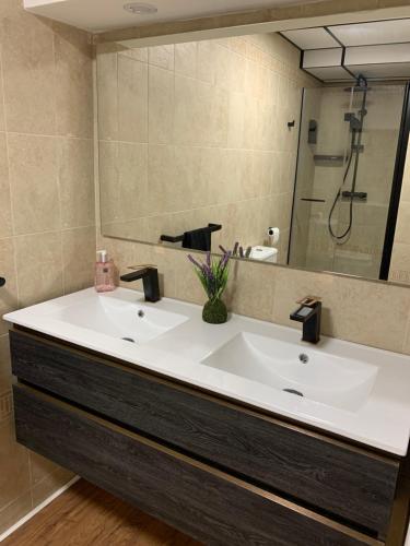 a bathroom with a white sink and a mirror at Loft de lujo con piscina LA ENVIA in Vícar