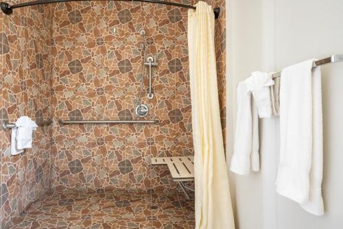 a bathroom with a shower with a stone wall at Solaire Inn & Suites in Santa Maria