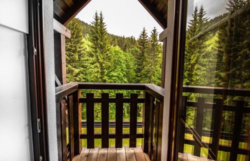a screened in porch with a view of the woods at Rezidence Rokytnice in Rokytnice nad Jizerou