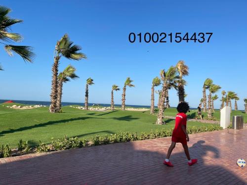 a person walking down a brick walkway with palm trees at شقة غرفتين وصاله- بورتوسعيد Porto Said Resort in Port Said