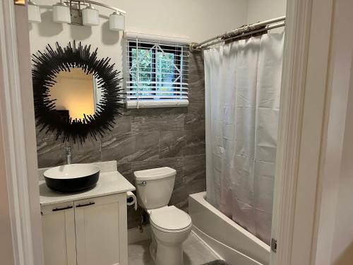 a bathroom with a toilet and a sink and a mirror at Luxury Studio Rooftop Pool n View unit #4 in Falmouth