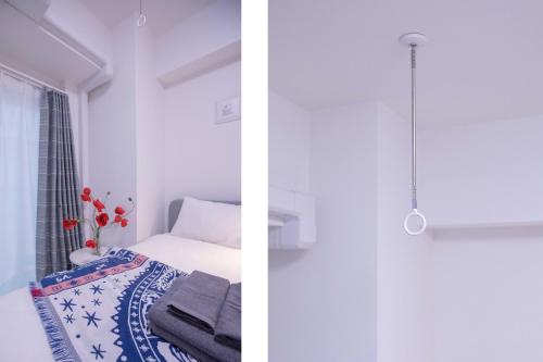 two images of a bedroom with a bed and a window at japan house sugamo in Tokyo
