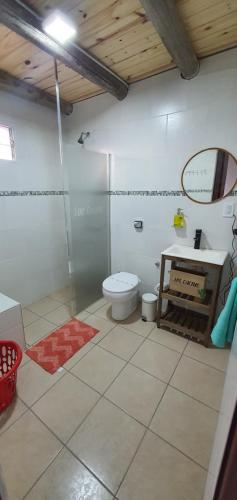 a bathroom with a shower and a toilet and a sink at LOS CACTUS in Malargüe