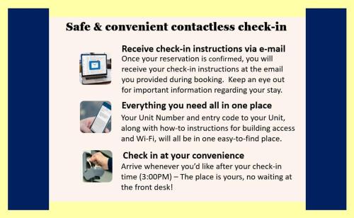 a flyer describing a safe and convenientconfident check in institutions via a mail at Sea Dreams - Beachside 1 bedroom at Symphony Beach in Ormond Beach