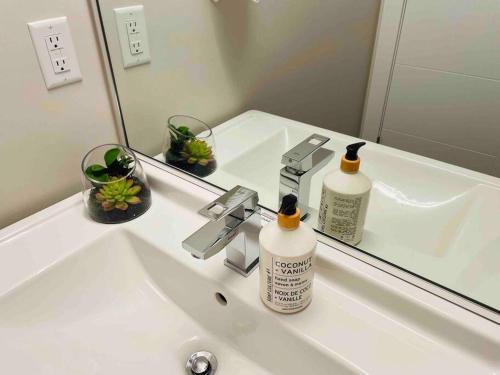 a bathroom sink with two bottles of soap and a mirror at Luxury downtown 2 bedroom suite with Ocean views in Victoria