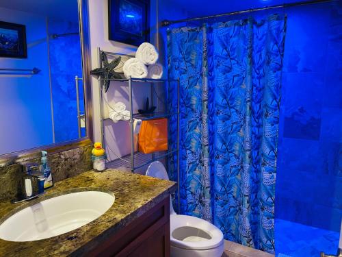 a bathroom with a blue shower curtain and a toilet at Kona Magic Honu Room in Kailua-Kona