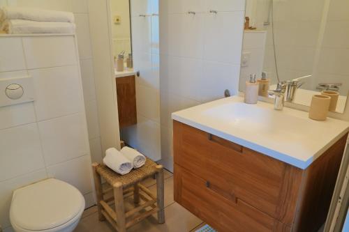 uma casa de banho com um lavatório, um WC e um chuveiro em Strandgeluk, Joost de Moorstraat 6 em Cadzand