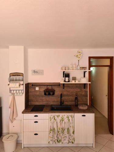 a kitchen with a sink and a counter top at Apartmani More Komarna in Komarna