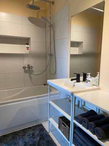 ein Badezimmer mit einem Waschbecken, einer Badewanne und einem Spiegel in der Unterkunft 9 Mežmalas iela in Jūrmala