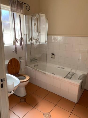 a bathroom with a toilet and a tub and a sink at A Tapestry Garden Guest House in Potchefstroom