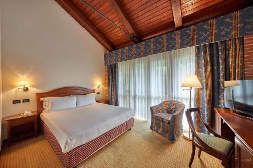 a bedroom with a bed and a desk and a television at Relais Santo Stefano in Sandigliano