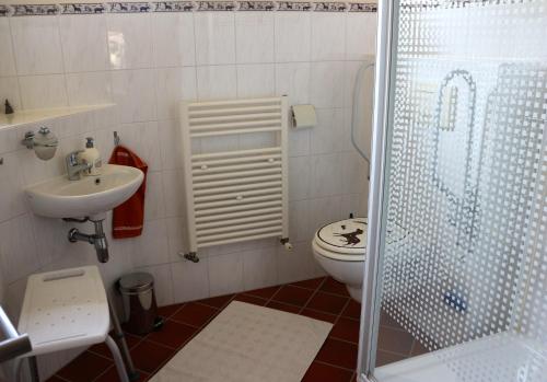 een badkamer met een toilet, een wastafel en een douche bij perelaar in Langelille