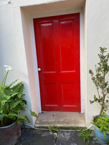 una puerta roja en un edificio blanco con plantas en Coastal cottage ‘The Old Bank’ en Hartland