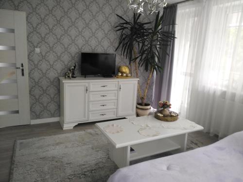 a bedroom with a white dresser with a tv on it at Pokoje gościnne in Olsztyn