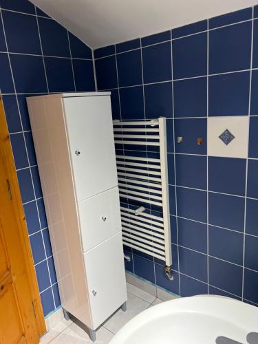 baño con paredes de azulejos azules y armario blanco en Cabana dintre Brazi, en Mintia