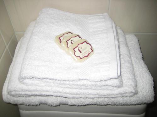una pila de toallas sentadas encima de un inodoro en Hotel Casa Santa Marta, en Bogotá