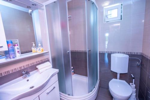 a bathroom with a shower and a toilet and a sink at Holiday Home Mare near River in Karlovac