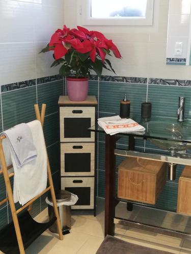 La salle de bains est pourvue d'un bureau avec une plante en pot. dans l'établissement les deux falaises à Eu, à Eu