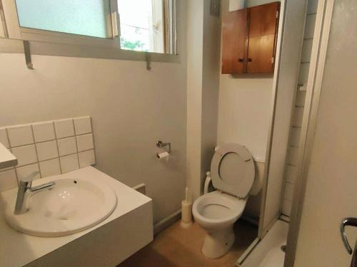 une petite salle de bain avec toilettes et lavabo dans l'établissement Studio mezzanine 4 pers, parking, proche centre - FR-1-234-136, à Cauterets