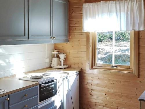 cocina con paredes de madera, ventana y fogones en Holiday home Tranøy, en Tranøya